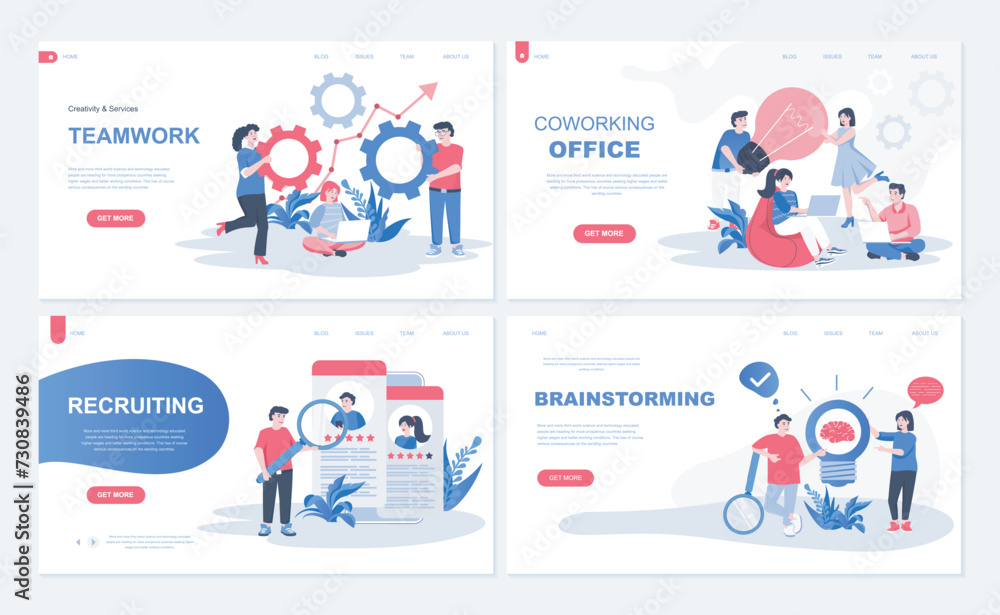 Office teamwork web concept for landing page in flat design. Colleagues brainstorming and collaboration, coworking space, recruiting process. Vector illustration with people characters for homepage Office teamwork web concept for landing page in flat design. Colleagues brainstorming and collaboration, coworking space, recruiting process. Vector illustration with people characters for homepage