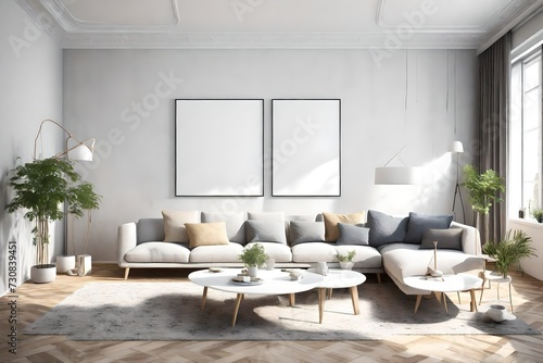 Experience the harmony of contemporary living in a 3D-rendered room, featuring Scandinavian style, an empty wall mockup, and a white blank frame as a focal point. © Tae-Wan