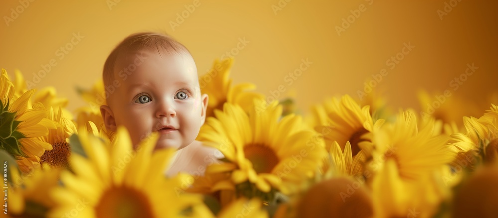 Infant's Sunflower Wonderland Discovery with Copyspace Infant's Sunflower Wonderland Discovery with Copyspace