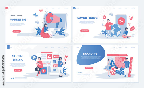 Social media and marketing web concept for landing page in flat design. Online advertising, branding and promotion, influencing to followers. Vector illustration with people characters for homepage