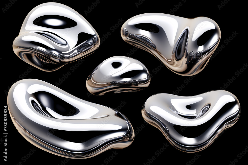 Obraz premium Realistic render elements set showcasing 3D Chrome abstract liquid shapes.