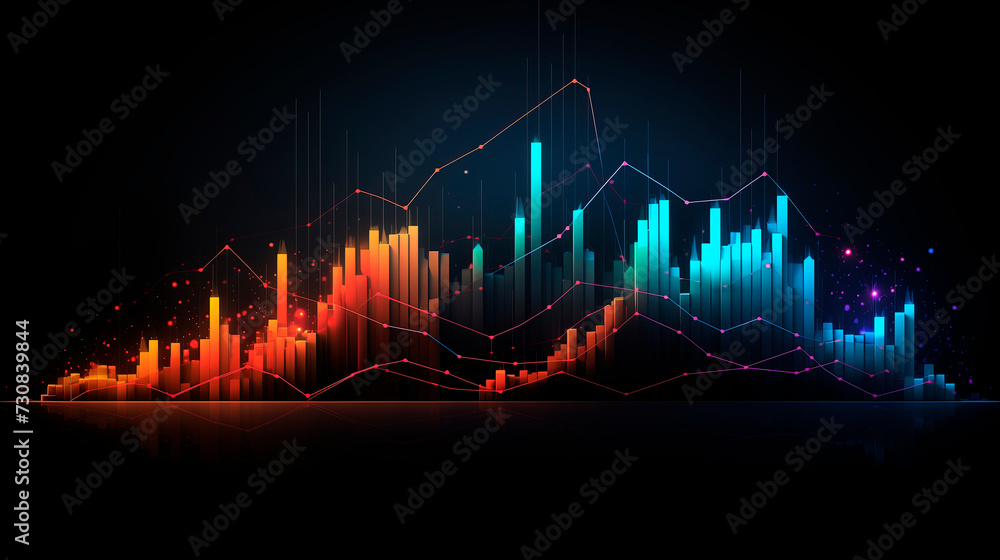Abstract image of graphs, geometric shapes, growth and decline scales. Background for business presentations. Bright stylized background - obrazy, fototapety, plakaty 