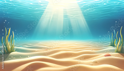 An empty and inviting undersea landscape, with sand ripples and marine tranquility, for imaginative children's books, produced by Generative AI. 