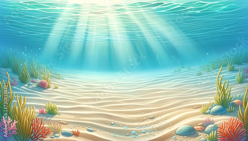 Sun-kissed seabed with gentle seagrass and scattered seashells, a peaceful illustration for young readers, made with Generative AI. 
 photo