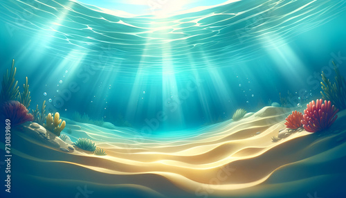 Sun-kissed seabed with gentle seagrass and scattered seashells, a peaceful illustration for young readers, made with Generative AI. 