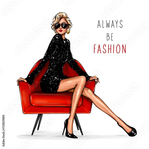 Beautiful fashion blond hair woman in black dress sitting on armchair. Fashion illustration 