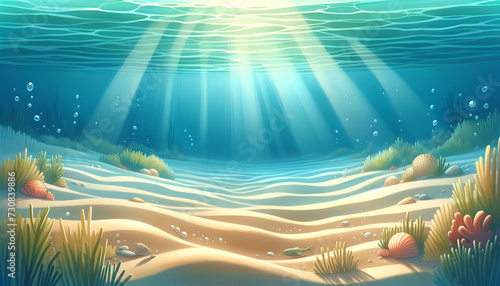 A whimsical sea bottom scene with playful light and bubbles, designed for children's educational content, by Generative AI. 