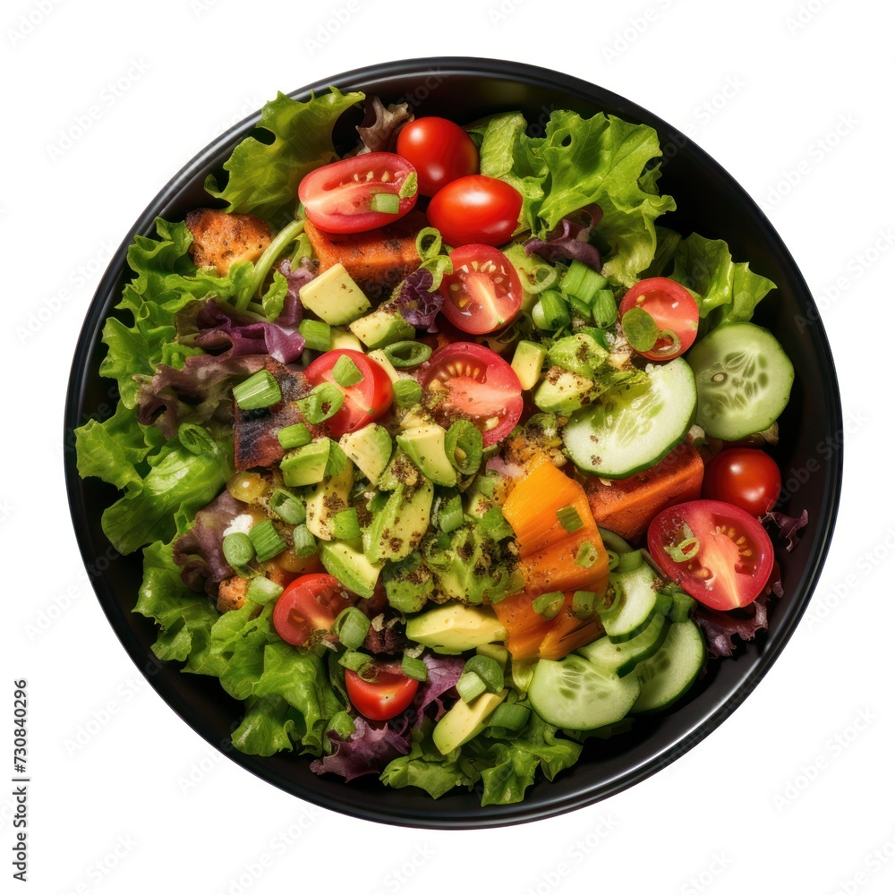 Salad Healthy Fresh on plate, isolated on white background. Homemade vegetarian salad with greens, tomato. Vegan mixed meal for restaurant, menu, advert or package, close up. Top view