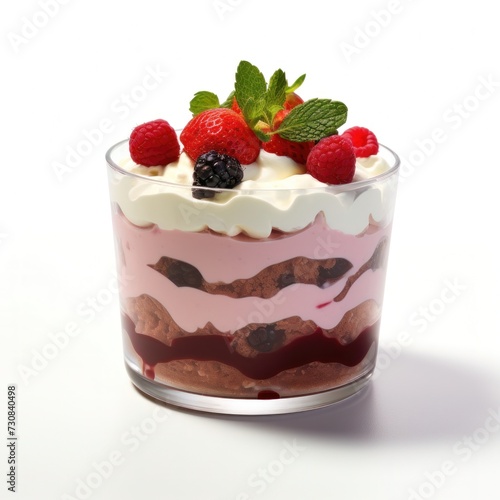 Sweet Dessert in glass with chocolate, berry, decorated cutout minimal isolated on white background. Realistic dessert with whipped cream, icon, detailed for grocery package, menu, advert