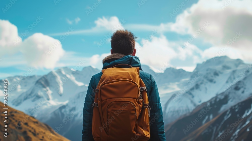 A man stands with her back and admires the view of snowy mountains. A traveler traveling on vacation in the most beautiful place in the world. Winter vacation