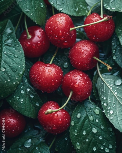 Cherry Berries Row Fresh with water droplets, background, close up. Realistic berry, detailed. Grocery product advertising, menu or package.