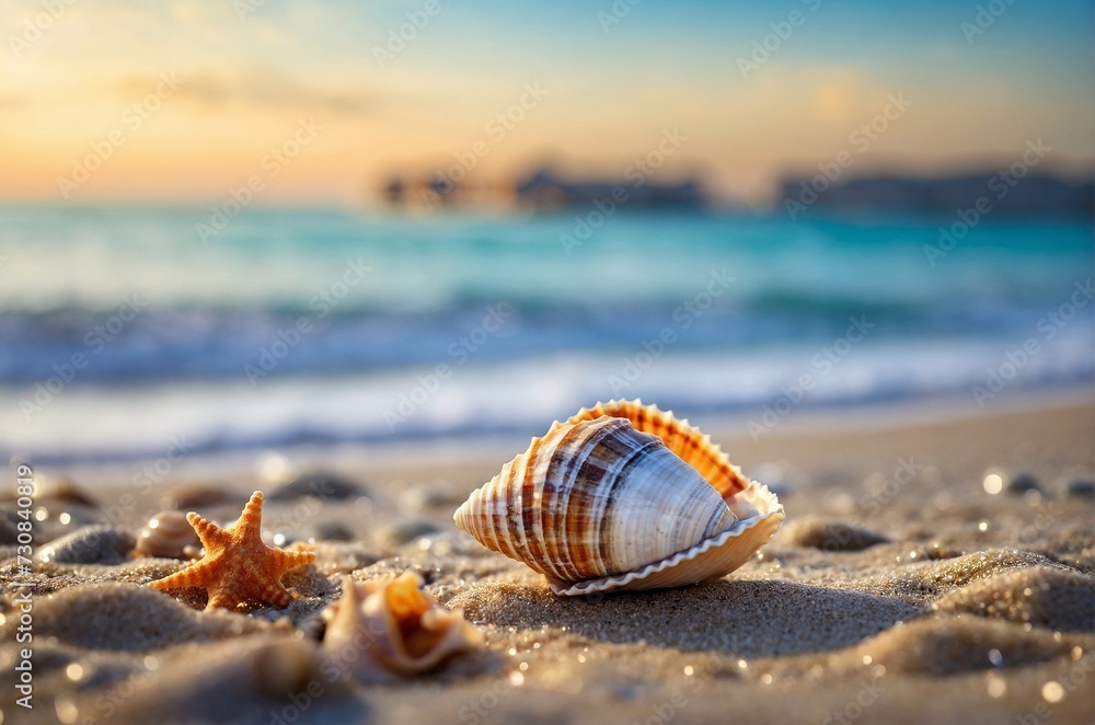 small sea shells on the beach with bokeh background. small sea shells on the beach with bokeh background.