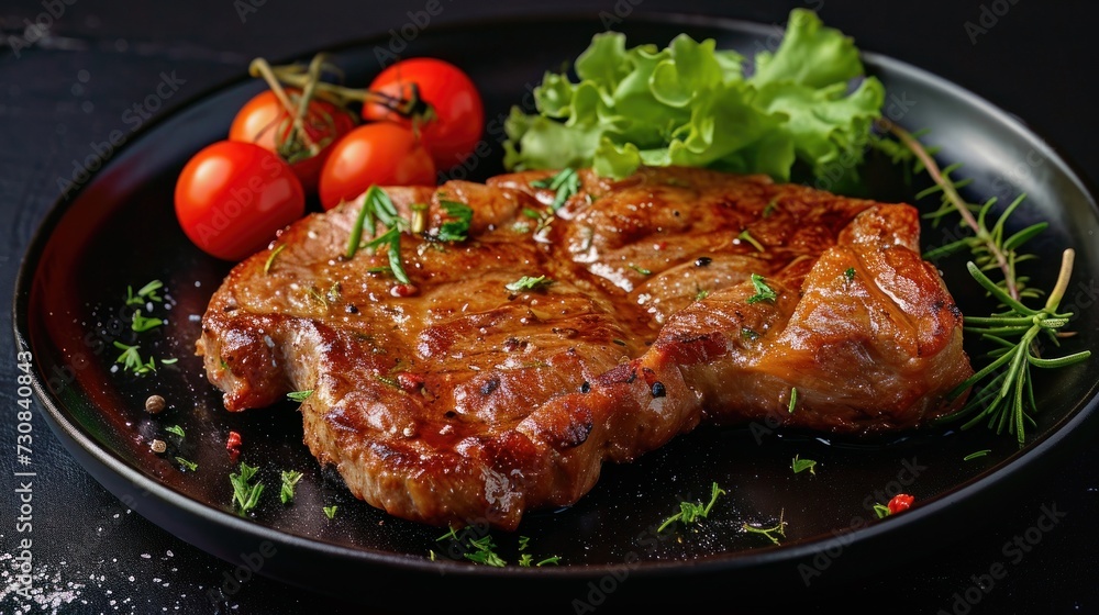 Beef Steak Grilled Fillet Meat on plate on dark background. Realistic roasted beef steak, icon, detailed for restaurant, menu, advert or package Beef Steak Grilled Fillet Meat on plate on dark background. Realistic roasted beef steak, icon, detailed for restaurant, menu, advert or package