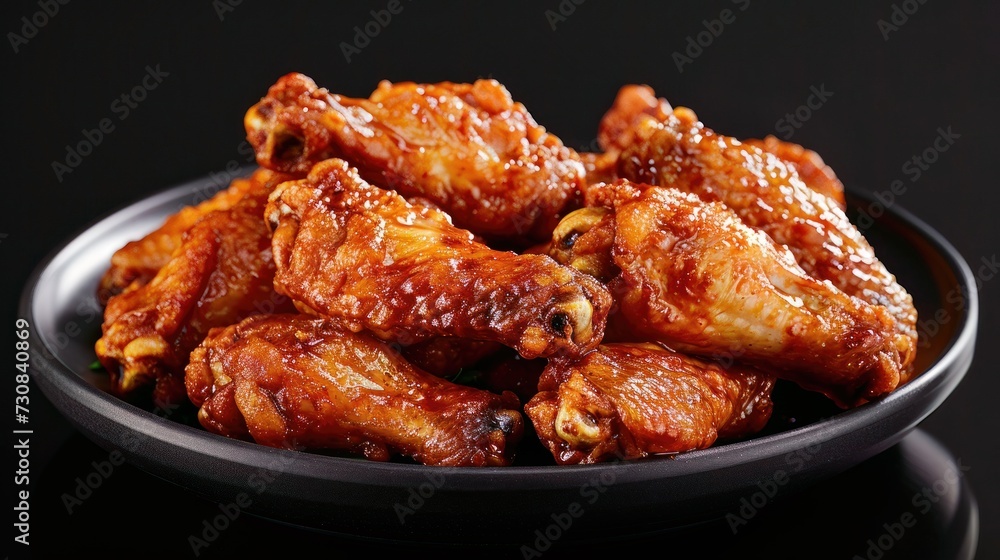 Fried Chicken wings barbecue roasted on dark background. Realistic fried chicken with greens on plate, detailed. For grocery product, sale, package, advert.