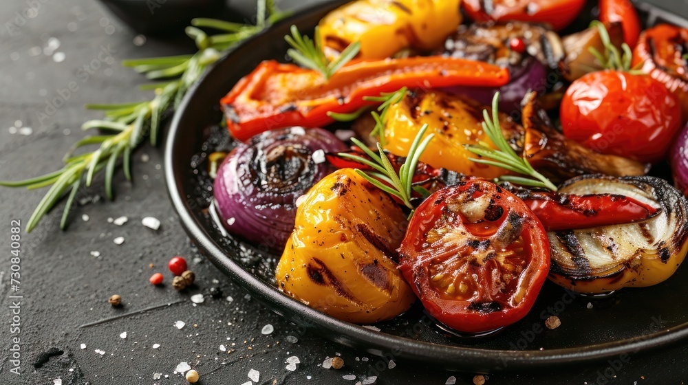 Grilled Vegetables, vegetarian food, bell pepper, tomato, onion. Fresh fried vegetables for restaurant, menu, advert or package, close up, vegan food background Grilled Vegetables, vegetarian food, bell pepper, tomato, onion. Fresh fried vegetables for restaurant, menu, advert or package, close up, vegan food background
