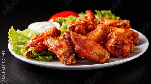 Fried Chicken wings barbecue roasted on dark background. Realistic fried chicken with greens on plate, detailed. For grocery product, sale, package, advert.
