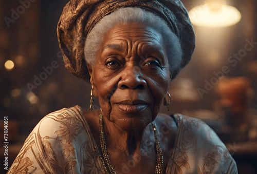 Senhora idosa afrodescendente com olhar sereno. photo