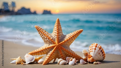 Big starfish and small seashells on the beach with soft sea and bokeh background. © Viewvie