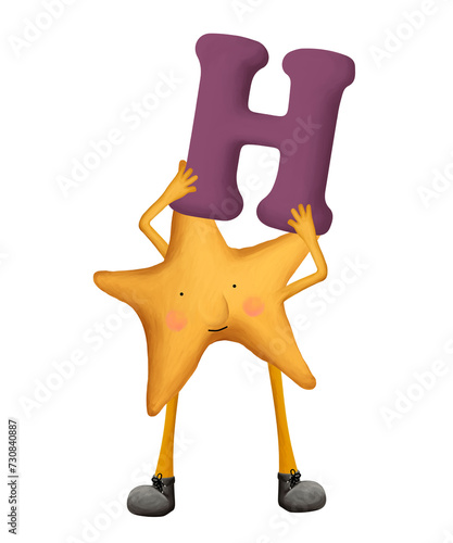 Bright cartoon alphabet. Cute and funny star with letter H. Illustration for kids on white background