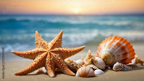 Big starfish and small seashells on the beach with soft sea and bokeh background.