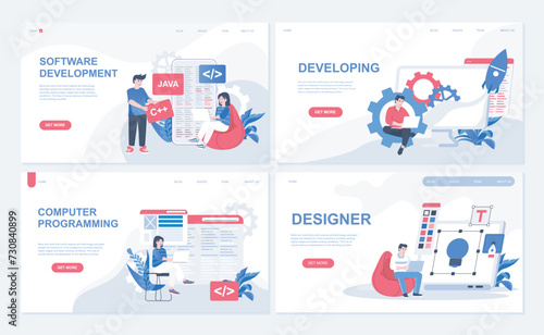 Software development web concept for landing page in flat design. Computer programming, program developing, interface creating, product release. Vector illustration with people characters for homepage