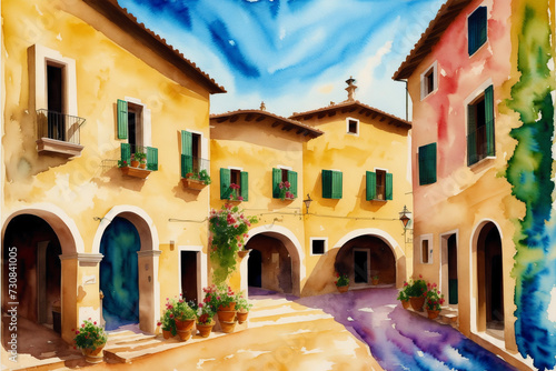 A watercolor town. Italy, Spain, France. Watercolor Painting of a Serene Mediterranean Town. Generative AI © Pavlo
