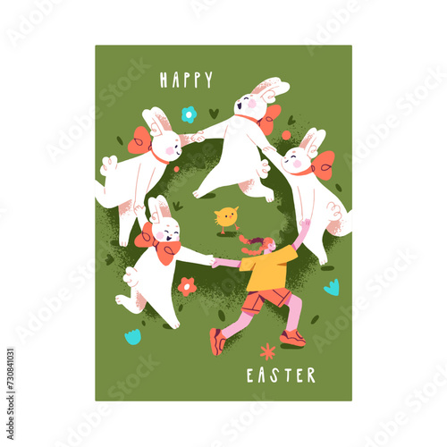 Happy Easter card. Cute rabbits do round dance. Funny bunnies with bows fun with girl. Lovely hares play with child, tiny chicken. Fairytale paschal congratulation. Childish flat vector illustration