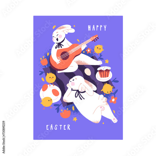 Happy tiny chickens relax with easter bunnies. Funny rabbit plays guitar, sings. Amusing hare with bow listens to music. Cute paschal congratulation card in childish style. Flat vector illustration