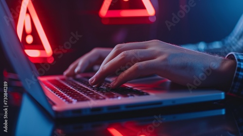 Entrepreneur fingers typing on computer with triangular malicious alert symbol. Malware fraud fishing cyber offense idea. Password breaching.