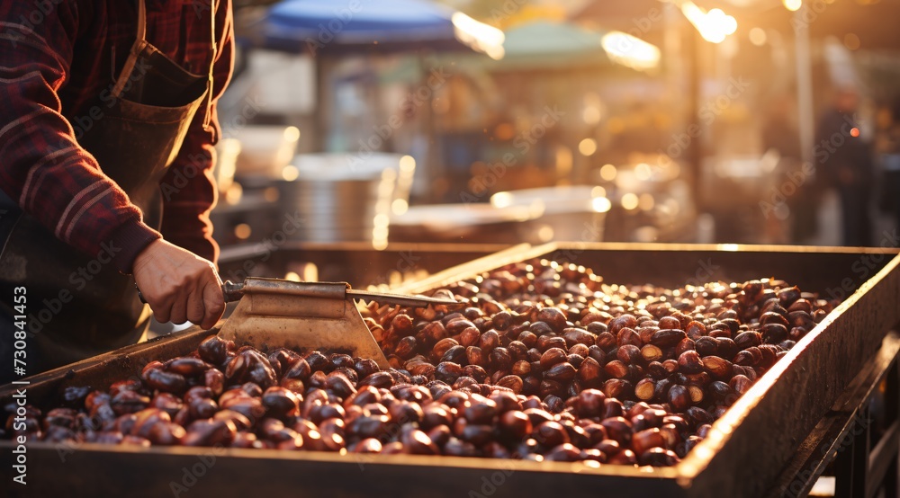A man worker grilling chestnuts in a busy Chinatown street. A man worker grilling chestnuts in a busy Chinatown street.