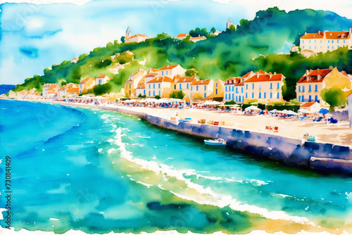 A watercolor town. Italy, Spain, France. Watercolor Painting of a Serene Mediterranean Town. Generative AI