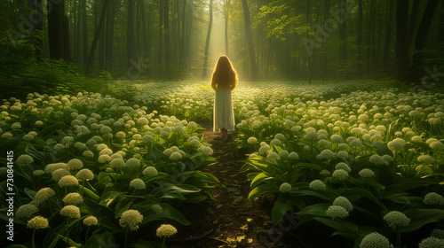 Young woman standing in a glade full of wild garlic in bloom