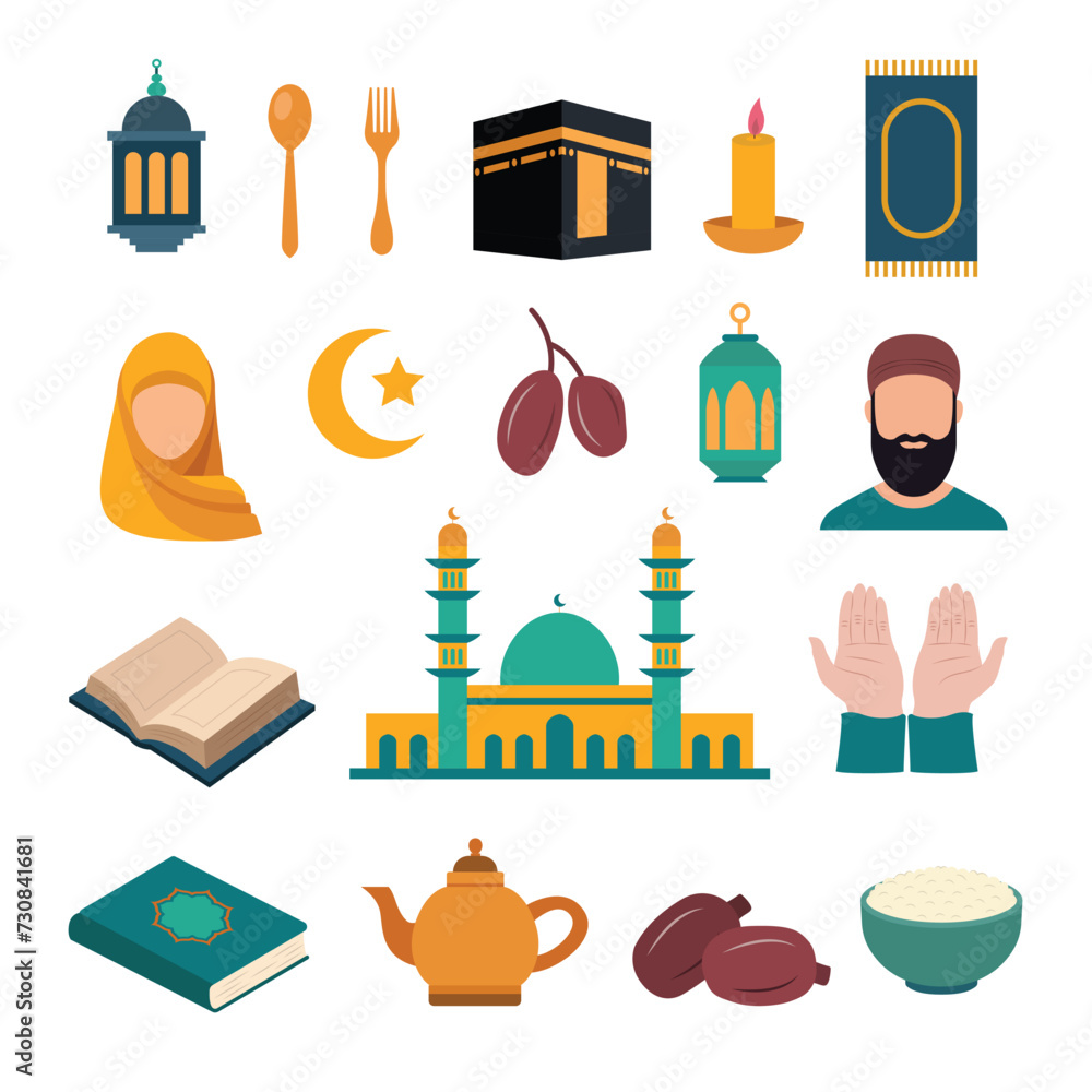Set of detailed Islamic icons suitable for web design, educational materials, religious organizations, and cultural events. Mosque, crescent, calligraphy, and more. Ramadan elements illustration set. Set of detailed Islamic icons suitable for web design, educational materials, religious organizations, and cultural events. Mosque, crescent, calligraphy, and more. Ramadan elements illustration set.