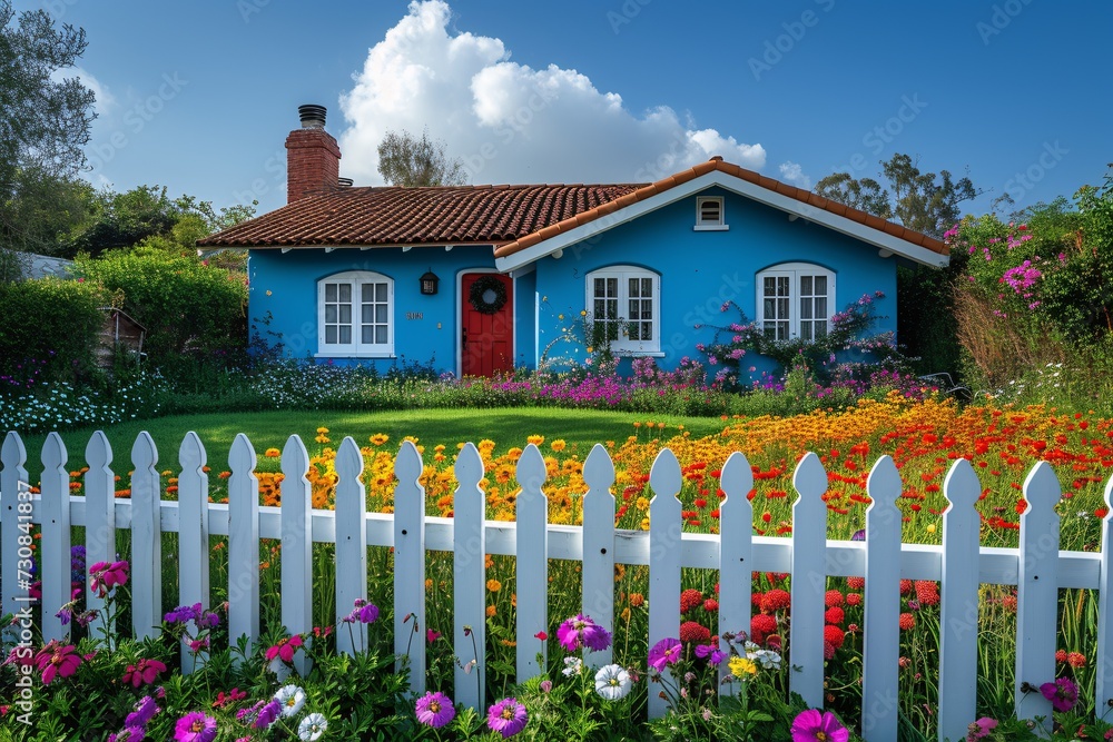 Flower Power: A Blue House with a White Fence and Colorful Flowers Generative AI
