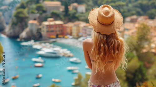 The C√¥te d'Azur. Rear view of gorgeous woman holding a hat while admiring the skyline of Nice, France.