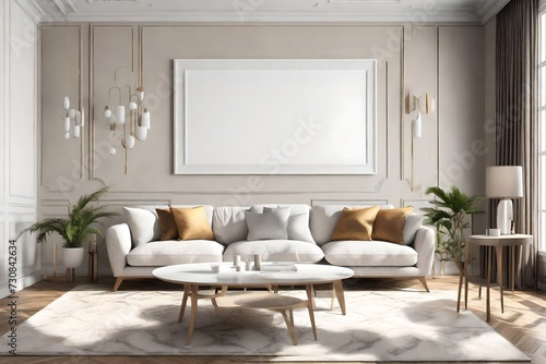Immerse yourself in the sophistication of this 3D-rendered living room, showcasing a sleek sofa, an empty wall mockup, and a white blank frame for artistic inspiration.