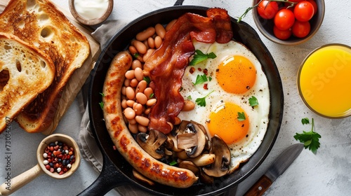 A classic breakfast of eggs, sausages, bacon, mushrooms, beans, toast, and orange juice on a white stone surface. photo