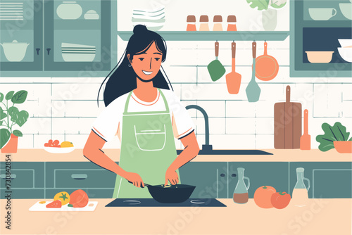 A flat illustration of an adult white Caucasian woman cooking in a domestic kitchen, adding ingredients to a pot on a stove
