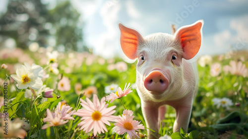 a little pig in a field of daisies photo