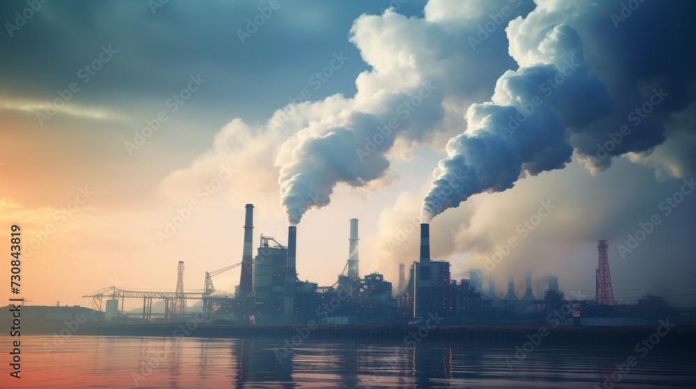Enterprises, factories with thick smoke against the sky at sunset. Pollution of the environment by waste, exhaust gases from chimneys. Climate change and global warming concepts.