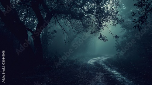 Enigmatic shadowy woods with a misty path  set on a spooky Halloween evening  featuring a frightening tree.