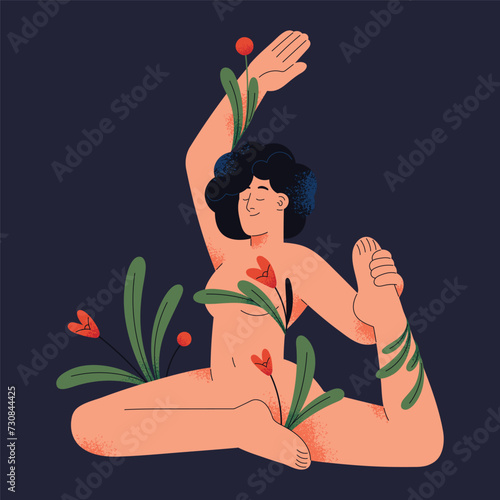 Naked young woman wrapped with flowers, leaves in yoga asana. Nude girl loves herself, self cares. Natural beauty, body acceptance, harmony with yourself concept. Flat isolated vector illustration