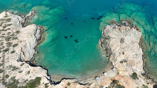 Aerial drone photo of paradise secluded beach of Agios Petros located in long peninsula of small island of Schoinousa  Small Cyclades  Greece
