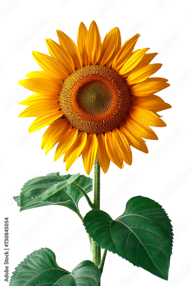 Fototapeta premium Sunflower with stem and leaves isolated on a cutout PNG transparent background