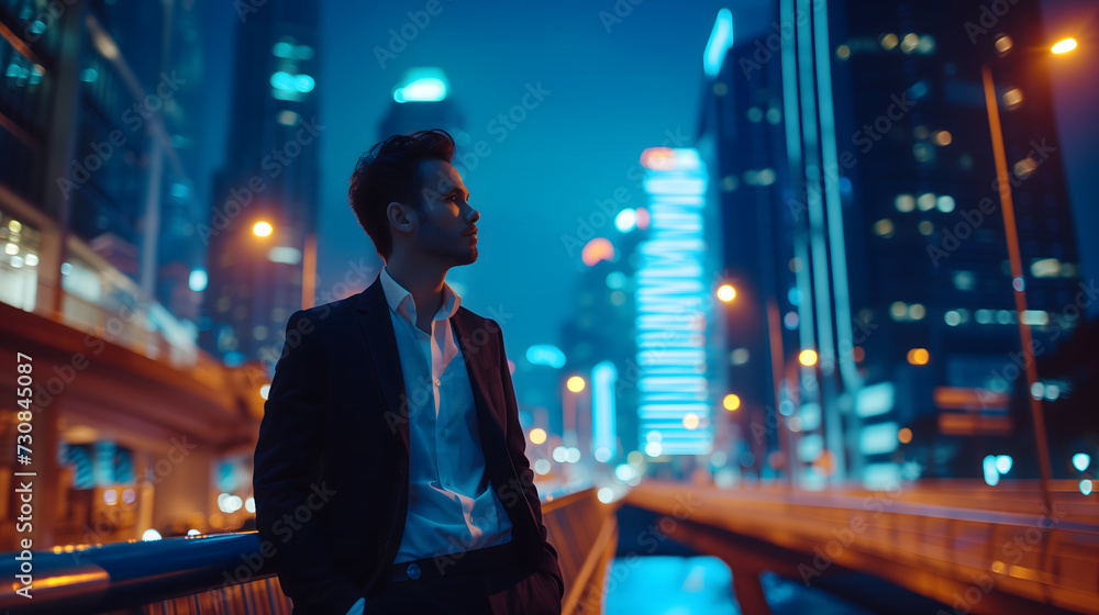 a tech-savvy entrepreneur, captured as they pause on a bustling city bridge, framed by the ethereal blue hour a tech-savvy entrepreneur, captured as they pause on a bustling city bridge, framed by the ethereal blue hour