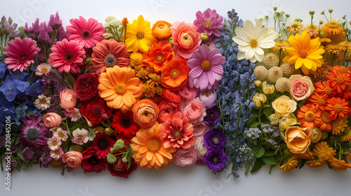 Arrangement of flowers in rainbow shades