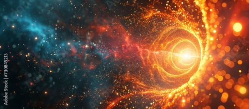 Computer-generated 3D abstract background with glowing neutron star and burst particles.