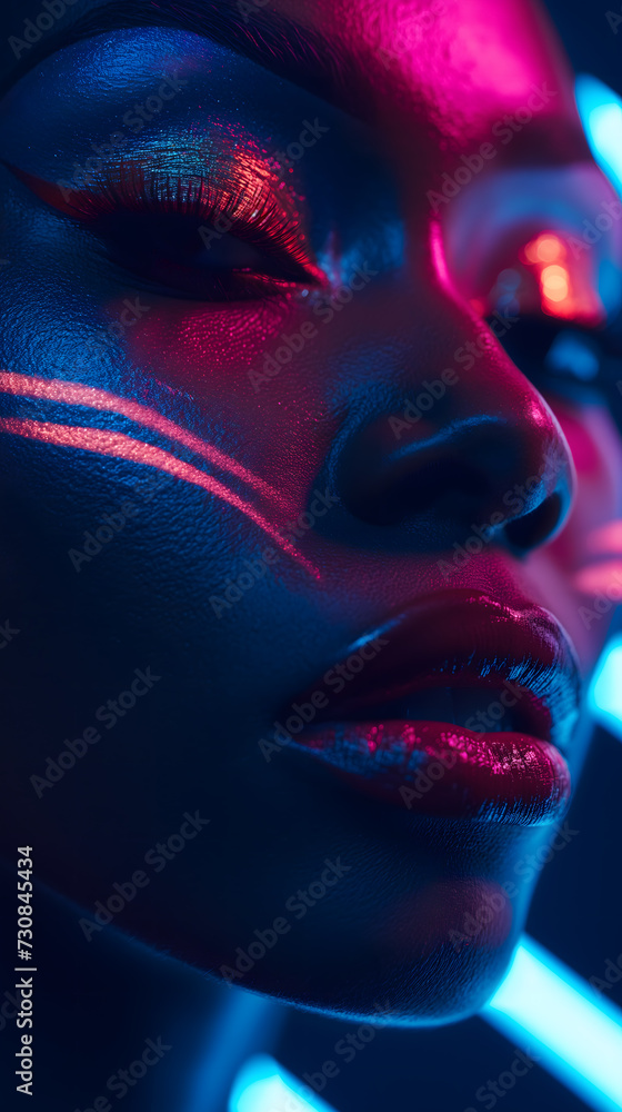 a close-up portrait of a neon-lit beautiful woman with colourful make up a close-up portrait of a neon-lit beautiful woman with colourful make up