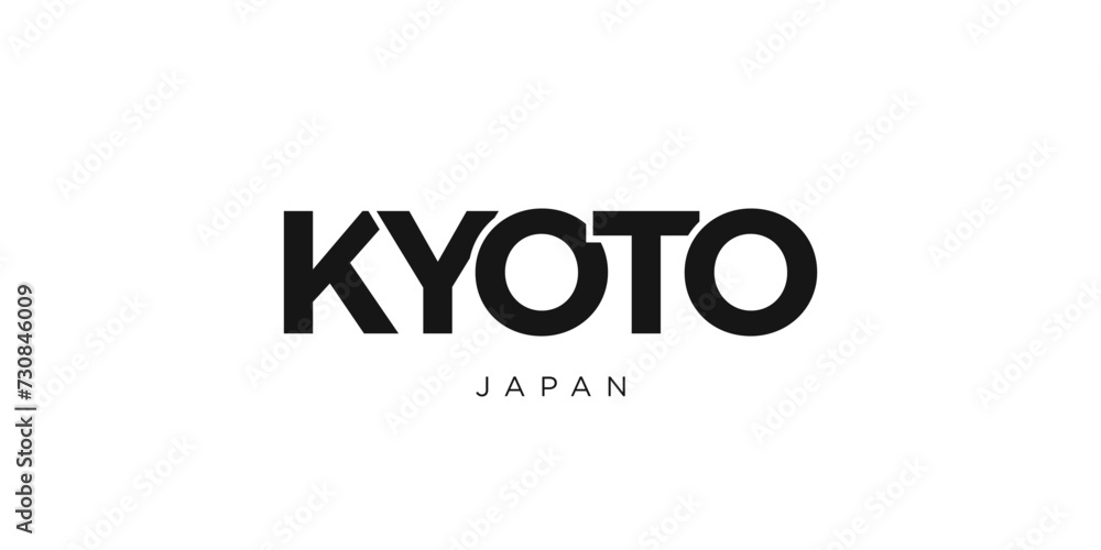 Kyoto in the Japan emblem. The design features a geometric style, vector illustration with bold typography in a modern font. The graphic slogan lettering.