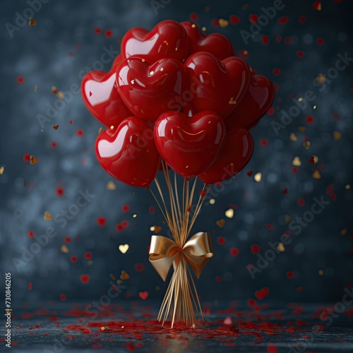 Racimo nueve globos rojos flotando, fondo nuboso, confeti y lazo dorado tonos rojizos, amor, aniversario, celebración, popurrí, invitaciones decoraciones emotivas, plástico, látex bodas, romance